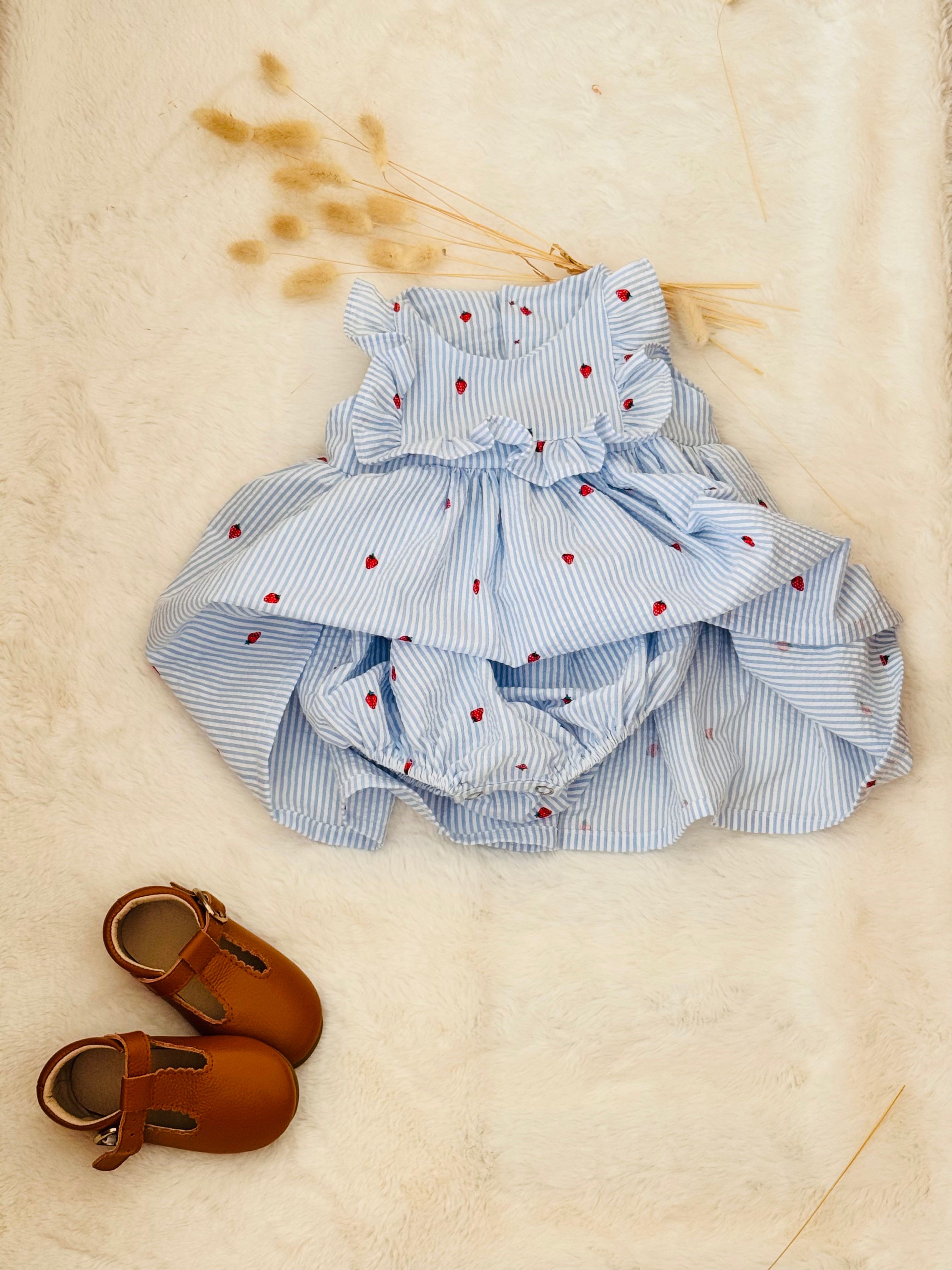 Robe bloomer Charlotte rayures et fraises